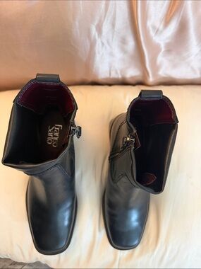 Franco Sarto Black Leather Men's Zip Ankle Boots with Burgundy Lining